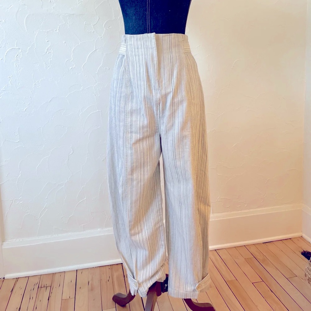 Caron Callahan Ultra High Waist Cotton Moses Pants in White with Blue Pinstripe